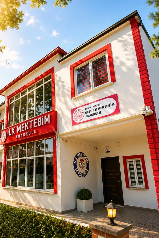 Nazilli Şirinevler’de Özel İlk Mektebim Anaokulu binası: kırmızı-beyaz cephe, İlk Mektebim tabelası ve bahçe girişi