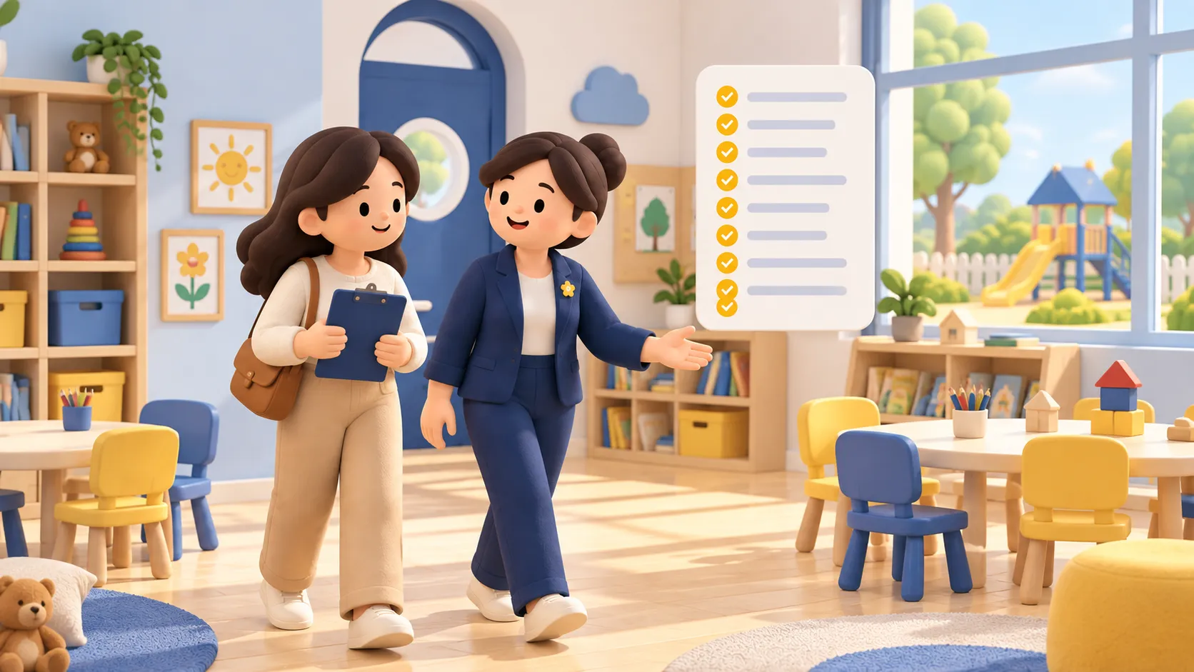 Elinde kontrol listesiyle sınıfı gezen veli ve öğretmen, yanlarında on onay kutulu kart